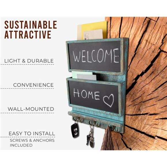 Rustic 2Slot Mail Sorter Organizer for Wall w/Chalkboard Surface & 3 Double Hook - Picture 6 of 6